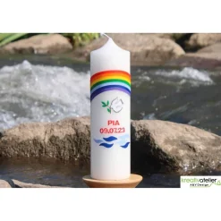 Taufkerze Regenbogen, Taube und Wellen, wunderschöne handverzierte Taufkerze für Jungen oder Mädchen, personalisierbar