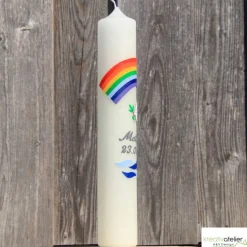 Taufkerze Regenbogen, Taube und Wellen, wunderschöne schlanke Taufkerze für Jungen oder Mädchen, personalisierbar