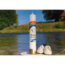 Taufkerze Regenbogen, Taube und Wellen, wunderschöne schlanke Taufkerze für Jungen oder Mädchen, personalisierbar