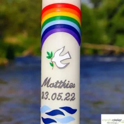 Taufkerze Regenbogen, Taube und Wellen, wunderschöne schlanke Taufkerze für Jungen oder Mädchen, personalisierbar