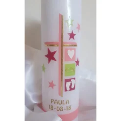 Taufkerze rosa pink mit goldener Beschriftung, 25 x 6 cm