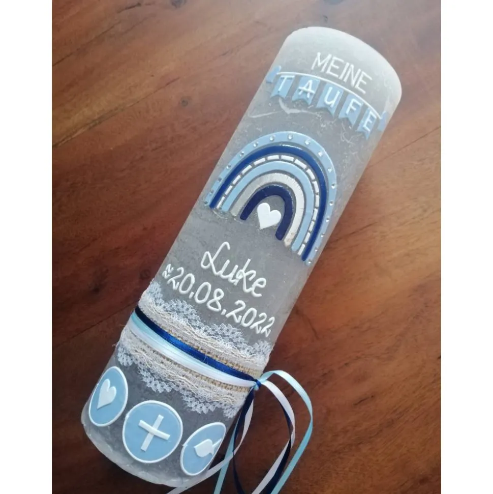 Taufkerze Rustica Vintage-Look Shabby Rustikal, Regenbogen Kreuz Herz Fisch Jungen blau Farbwünsche auch für Mädchen ink