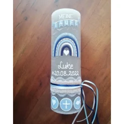 Taufkerze Rustica Vintage-Look Shabby Rustikal, Regenbogen Kreuz Herz Fisch Jungen blau Farbwünsche auch für Mädchen ink
