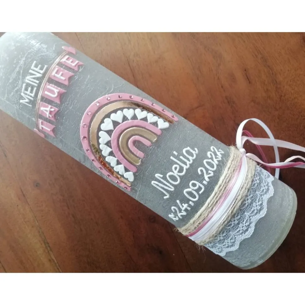 Taufkerze Rustica Vintage-Look Shabby Rustikal, Regenbogen Kreuz Herz Fisch Mädchen rosa Farbwünsche auch für Jungen