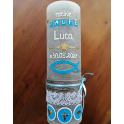 Taufkerze RUSTICA, Vintage-Look, SHABBY, Rustikal, Vorname + ICHTHYS - Fisch,  Mädchen, Junge, Kerze, Taufe, inkl Wachsb