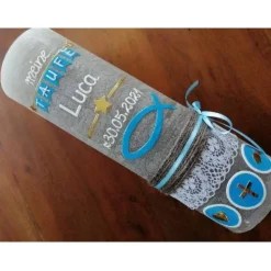 Taufkerze RUSTICA, Vintage-Look, SHABBY, Rustikal, Vorname + ICHTHYS - Fisch,  Mädchen, Junge, Kerze, Taufe, inkl Wachsb