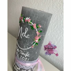 Taufkerze Rustik Mädchen Blumenkranz