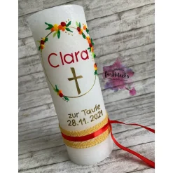 Taufkerze Rustik Mädchen Blumenkranz