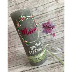 Taufkerze Rustik Mädchen Blumenkranz