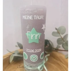 Taufkerze Rustik- Sterne grau-mint