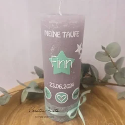 Taufkerze Rustik- Sterne grau-mint
