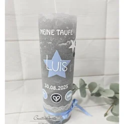Taufkerze Rustik- Sterne grau-weiß-hellblau