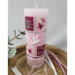 Taufkerze Rustik- Taube rosa-beere - Mädchen Taufe Geburt