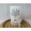 Taufkerze Rustik weiß groß - Lebensbaum mit christlichen Symbolen - blau, taupe