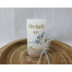 Taufkerze Rustik weiß groß - Lebensbaum mit christlichen Symbolen - blau, taupe