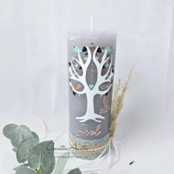 Taufkerze Rustikkerze Betongrau mit Lebensbaum - Herzen in Roségold, Braun metallic, Mint und Petrol mit Pampasgras