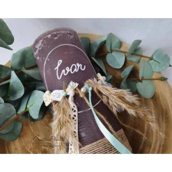 Taufkerze Rustikkerze Junge Boho-Stil - Silber-Mint mit Pampasgras