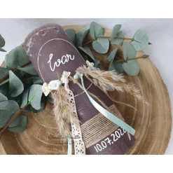 Taufkerze Rustikkerze Junge Boho-Stil - Silber-Mint mit Pampasgras