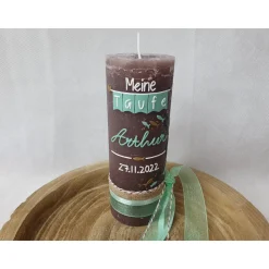 Taufkerze Rustikkerze Junge - mit Fischen Mint-Gold