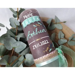 Taufkerze Rustikkerze Junge - mit Fischen Mint-Gold