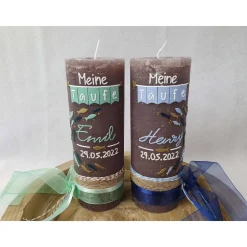 Taufkerze Rustikkerze Junge - mit Fischen Mint-Gold