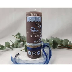 Taufkerze Rustikkerze Junge Blau-Silber - mit Fischen