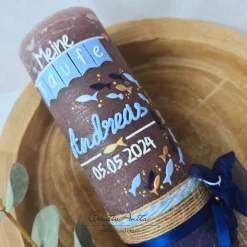 Taufkerze Rustikkerze Junge Blau-Gold - mit Fischen