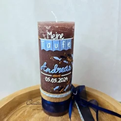 Taufkerze Rustikkerze Junge Blau-Gold - mit Fischen