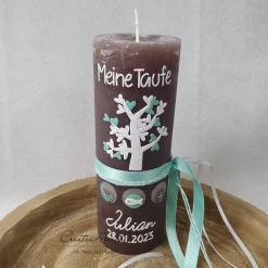 Taufkerze Rustikkerze Kreuz in mint-weiß