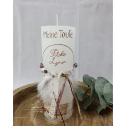 Taufkerze Rustikkerze Mädchen Boho-Stil - Weiß-Rosegold - romantisch