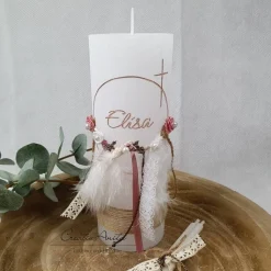 Taufkerze Rustikkerze Mädchen Boho-Stil - Weiß-Rosegold - romantisch