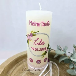 Taufkerze Rustikkerze Mädchen Blumenkreis elfenbein-beere perlmutt