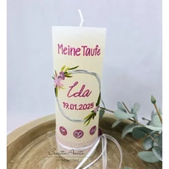 Taufkerze Rustikkerze Mädchen Blumenkreis elfenbein-beere perlmutt