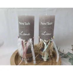 Taufkerze Rustikkerze mit Teelicht Boho-Stil mit Pampasgras ALTROSA