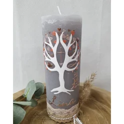 Taufkerze Rustikkerze mit Lebensbaum - Herzen in Roségold-Apricot