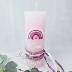 Taufkerze Rustikkerze Rosé verziert mit Regenbogen Herzen