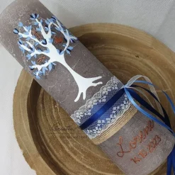Taufkerze Rustikkerze Schlamm mit Lebensbaum und christlichen Symbolen Blau-Kupfer