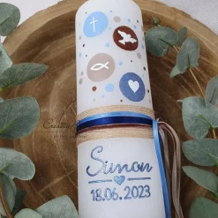 Taufkerze Rustikkerze Weiß verziert mit Kreisen und christlichen Symbolen