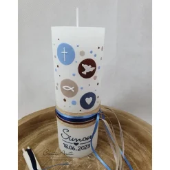 Taufkerze Rustikkerze Weiß verziert mit Kreisen und christlichen Symbolen