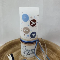 Taufkerze Rustikkerze Weiß verziert mit Kreisen und christlichen Symbolen