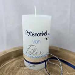 Taufkerze Rustikkerze weiß mit/ohne Teelichteinsatz - Junge - mit Fische in Hellblau-Silber