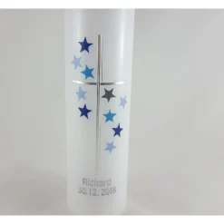 Taufkerze Sterne blau / grau, schlicht, für Jungs und Mädchen, 25 x 6 cm