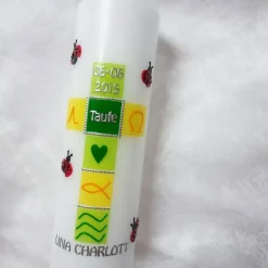 Taufkerze verspielt, für Mädchen und Jungs, mit Marienkäfer