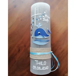 Taufkerze Wal - Jona Rustikal, Wachsbeschriftung, Farbwünsche möglich