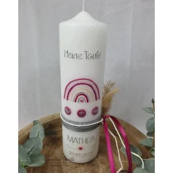 Taufkerze weiß-beere-silber glatt verziert mit Regenbogen und christlichen Symbolen