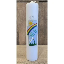 Taufkerze 30x6 - "Regenbogen/Sonne/Blumen"