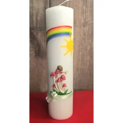 Taufkerze 25x6 - Sonne, Schnecke, Pilze - Handverziert - Diverse Schriftfarben