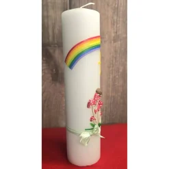 Taufkerze 25x6 - Sonne, Schnecke, Pilze - Handverziert - Diverse Schriftfarben