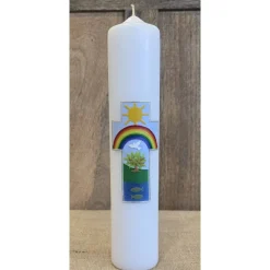 Taufkerze 30x6 - "Sonne/Regenbogen/Taube"