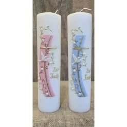 Taufkerze 25x6 mit goldener Schrift in zwei Farben